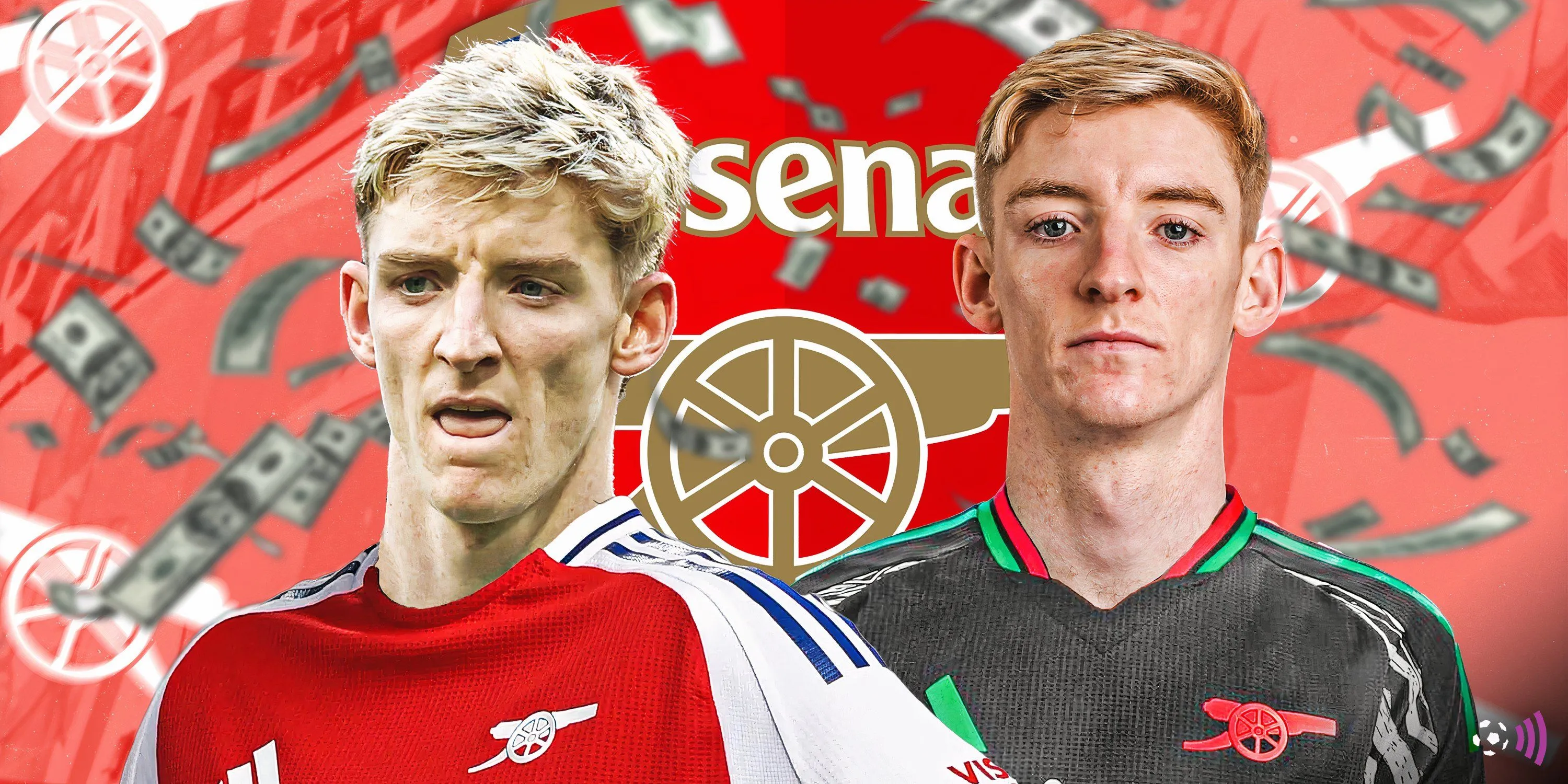 Hình ảnh ghép Anthony Gordon trong áo Arsenal, minh họa khả năng anh gia nhập và đóng góp cho câu lạc bộ.