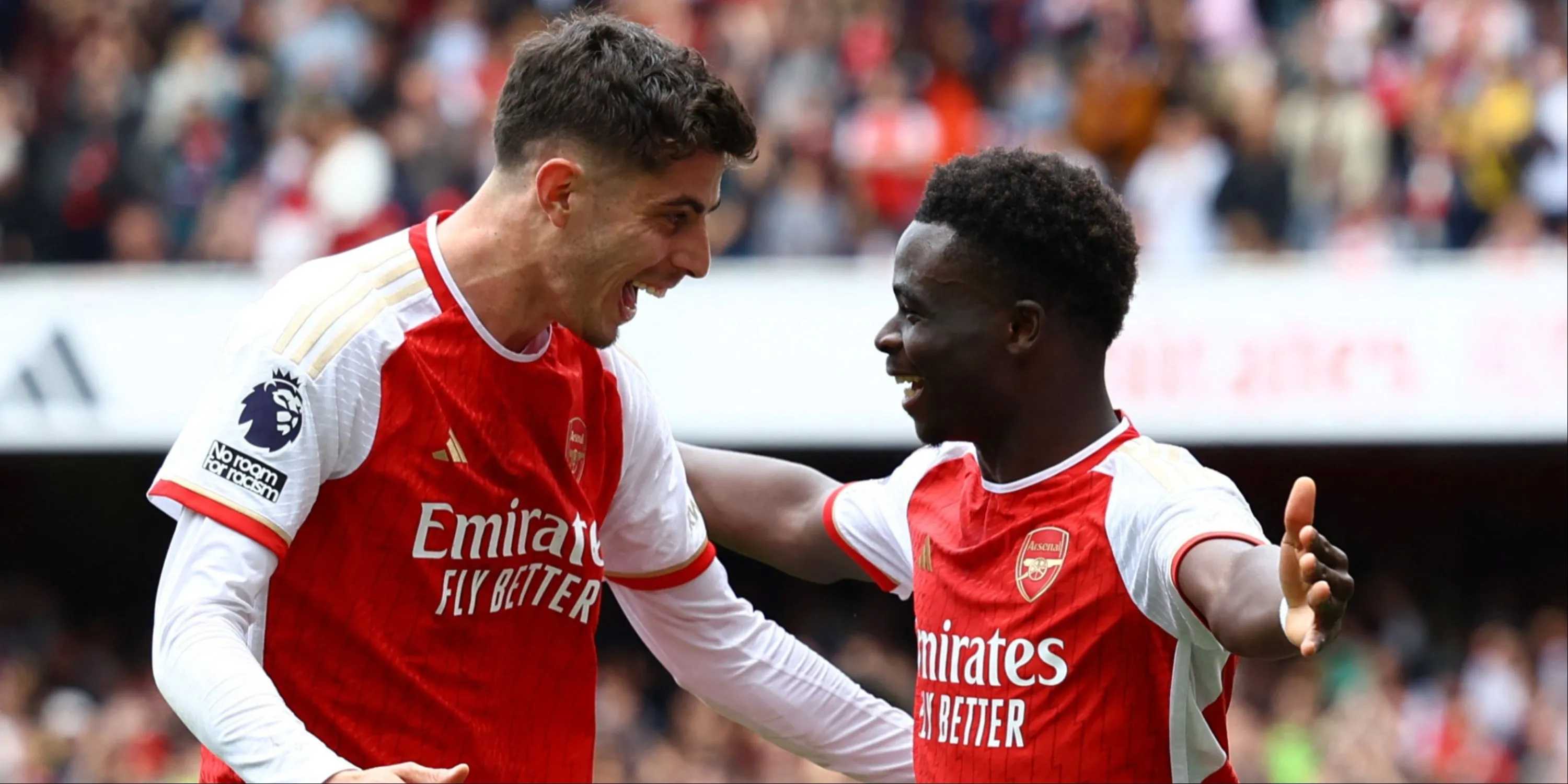 Tiền đạo Kai Havertz và Bukayo Saka cùng nhau ăn mừng bàn thắng cho Arsenal, hai nhân tố chủ chốt trên hàng công Pháo Thủ.
