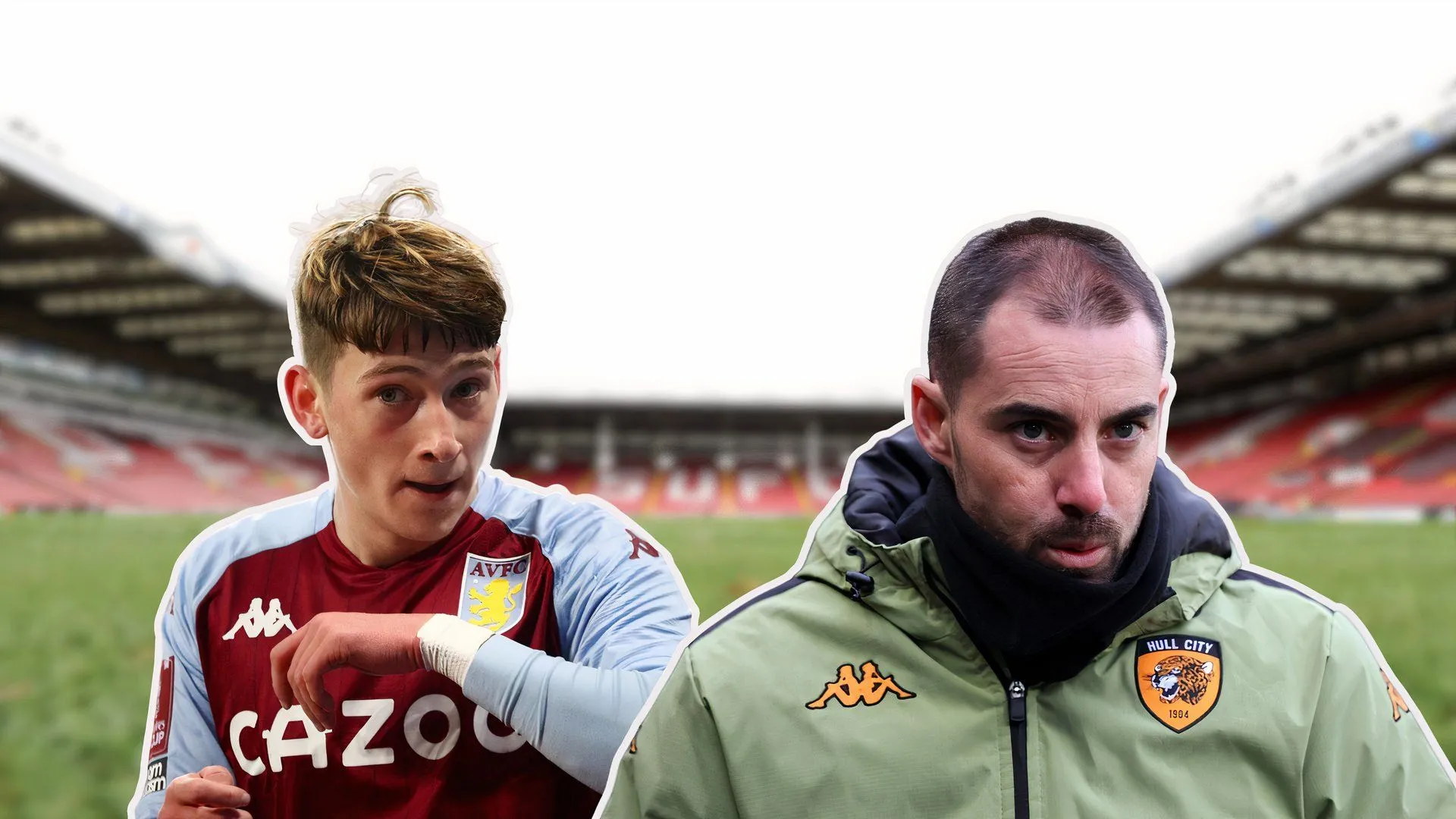 Tiền đạo Louie Barry (Aston Villa) và HLV Ruben Selles (Hull City) thảo luận bên lề sân cỏ, trước khi Barry chuyển đến Sheffield United.